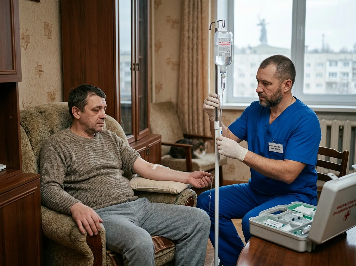 Врач-нарколог ставит капельницу пациенту на дому в Волгограде, уютная квартира, профессиональная медицинская атмосфера